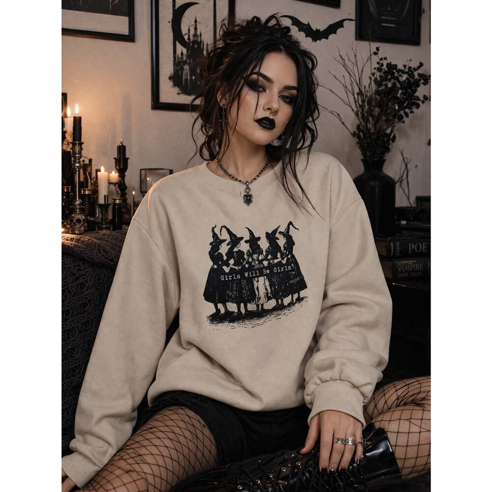 SHEIN Witch Graphic Sweatshirt XL Beige Girls Will Be Girls Gothic Grunge Crew
